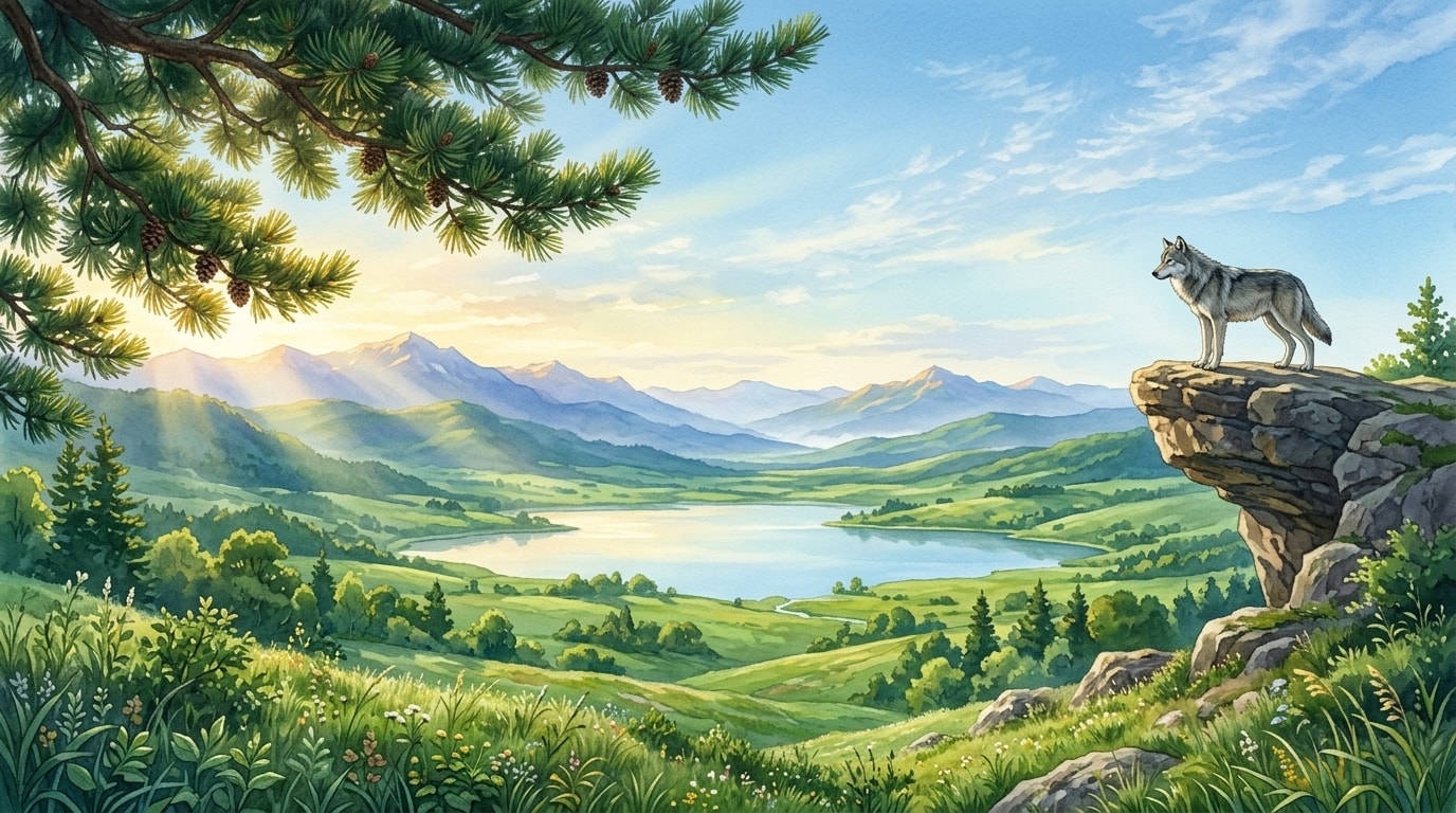 Cinematic Morning Mountain Landscape with Wolf on Cliff